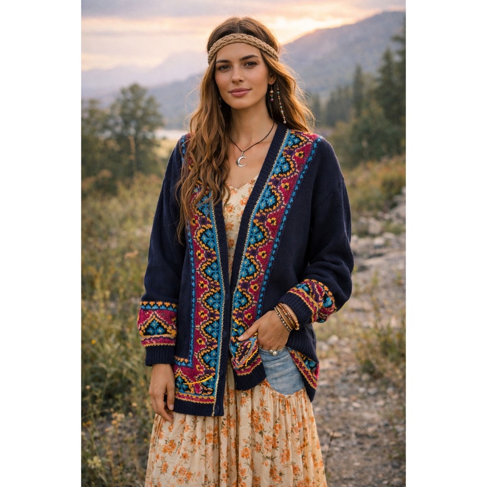 Vintage Knitted by Hand Womens Cardigan Sweater Multicolor Eclectic Grandpa M